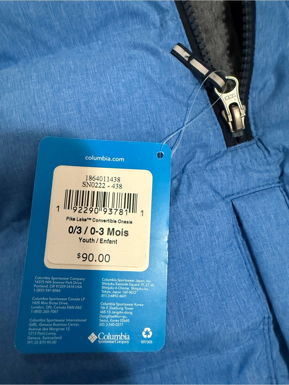 NWT Columbia Kids Light Blue Pike Lake Convertible Onesie with Hood 0-3 months